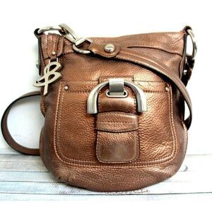 B.Makowsky SHABBY BRONZE BROWN GENUINE LEATHER BUCKLE X-BODY SHOULDER BAG PURSE